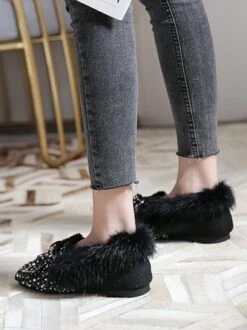 Rhinestone Imitation Pearl Bowknot Furry Party Slip On Shoes -Zolucky Sales Store a975949e20070d70f3ea9da5851fdba8