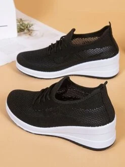 Casual Lace-up Decor Breathable Flyknit Wedge Heel Slip On Sneakers -Zolucky Sales Store aa1e2b5866f8256853c8c9955f7e0b09