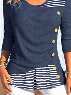 Asymmetrical Striped Casual Loose Long Sleeve Crew Neck Shirt With Buttoned Design -Zolucky Sales Store aa7e51345583116d1dbd2e514cbf012c