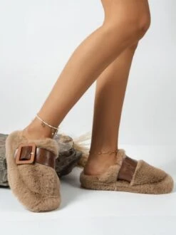 Color Block Buckle Warmth Fluffy Toe-covered Slippers -Zolucky Sales Store aaacd60efc2740bba99b27b25d5d000a