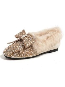 Rhinestone Imitation Pearl Bowknot Furry Party Slip On Shoes -Zolucky Sales Store ab82dbf6ad48ee23341ed8b5baa379c0