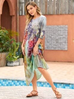 Women Casual 3/4 Sleeve Round Neck Floral Print Maxi Dress -Zolucky Sales Store acf2054cfa2a8b92cc84f59d2fa8dbac