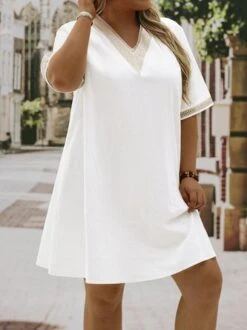 Plus Size Casual Cotton Lace Plain Dress -Zolucky Sales Store ad01aec6600ee027300730539c893cd0