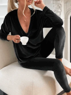 Plain Velvet Two-Piece Set Daily Basic V Neck Long Sleeve Top With Pants Party -Zolucky Sales Store ae7bcd5cfc78e4993060170ee7f6dd2b