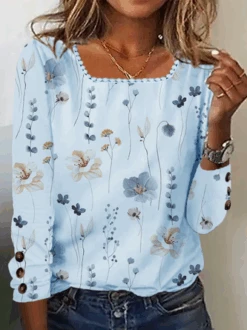 Casual Loose Floral Printed Square Neck Buttoned Cuffs Design Long Sleeve Shirt -Zolucky Sales Store aeb4b667c5cdf4098a904f2a0f321719