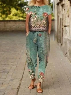 Casual Crew Neck Jersey Two-Piece Set