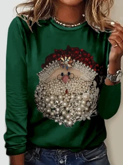 Women's Christmas Santa Claus Print Casual Crew Neck Regular Fit Long Sleeve Shirt -Zolucky Sales Store af73c18ae2ba43d85b47b9e28e4211ea