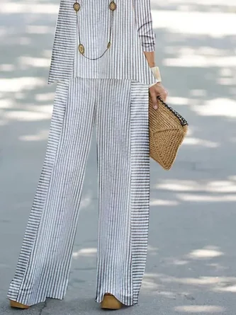 Striped Printed Loose Crew Neck Casual Two-Piece Set 3 Striped Printed Loose Crew Neck Casual Two-Piece Set - Image 3