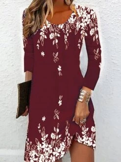Floral Crew Neck Casual Jersey Long Sleeve H-Line Midi Dress -Zolucky Sales Store b043ec29f906d929e3145e542f749a14