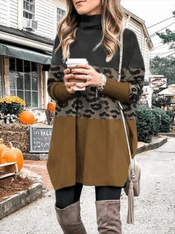 Leopard Printed Long Sleeve Knitting Dress