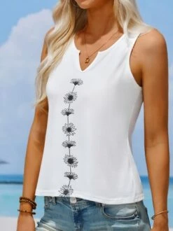 Casual Regular Fit Notched Floral Tank Top -Zolucky Sales Store b144a309705b7a066745935dc95b4da7