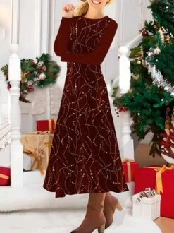 Christmas Geometric Printed Crew Neck Casual Loose A-Line Long Sleeve Midi Dress