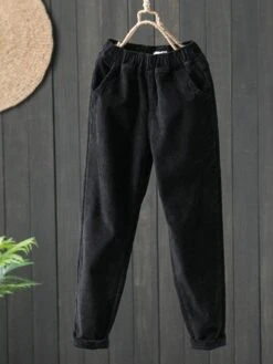 Corduroy Winter Fleece Plain Corduroy Casual Elastic Band H-Line Straight Long Pants With Pockets -Zolucky Sales Store b22bd850dad874b9536c3165c8969a63