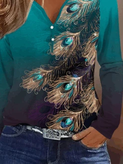 Plus Size Casual Notched Feather Pattern Buckle T-Shirt -Zolucky Sales Store b26cdc03dd07d716a7aa4ca547bbd361