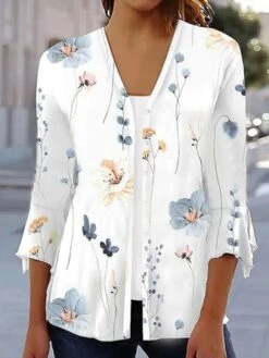 Casual Floral Printed Loose 3/4 Sleeve Kimono With Buttons