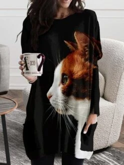 Casual Cat Crew Neck Loose Dress