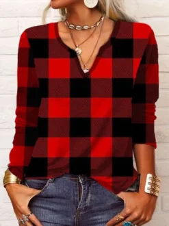 Christmas Casual Loose Plaid Long Sleeve V Neck T-Shirt
