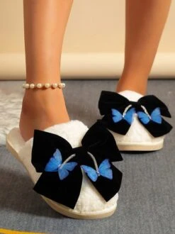 Casual Butterfly Bowknot Fleece Toe-covered Slippers