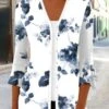Buckle Shirt Collar Casual Floral Kimono