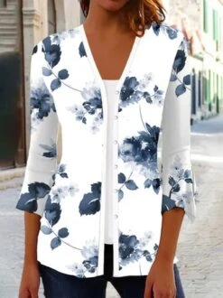 Buckle Shirt Collar Casual Floral Kimono