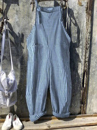 Vintage Black Gray Linen Stripes Pants Romper Jumpsuits 2 Vintage Black Gray Linen Stripes Pants Romper Jumpsuits - Image 2