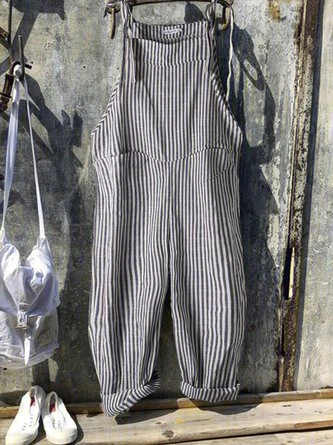 Vintage Black Gray Linen Stripes Pants Romper Jumpsuits 1 Vintage Black Gray Linen Stripes Pants Romper Jumpsuits