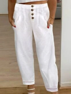 Plus Size Plain Casual Loose Buttoned Pants