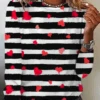 Casual Crew Neck Heart Print Valentine's Day Striped Long Sleeve T-Shirt