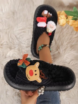 Christmas Santa Claus Elk Bow Cross-strap Plush Slippers 11 Christmas Santa Claus Elk Bow Cross-strap Plush Slippers - Image 11