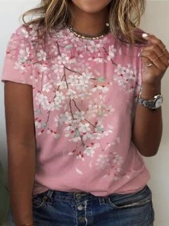 Plus Size Floral Crew Neck Loose Casual T-Shirt