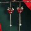 Christmas Elk Antlers Rhinestones Tassels Dangle Earrings