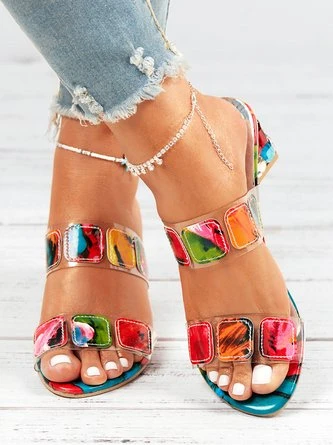 Colorful PVC Double Straps Rhinestone Chunky Heeled Sandals 4 Colorful PVC Double Straps Rhinestone Chunky Heeled Sandals - Image 4