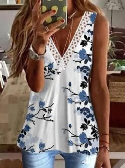 Casual Floral Sleeveless V Neck Printed Tank Top Vests