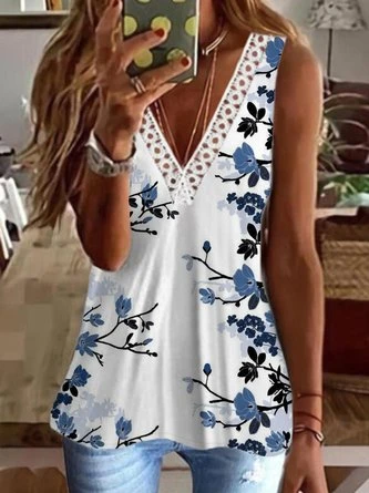 Casual Floral Sleeveless V Neck Printed Tank Top Vests 1 Casual Floral Sleeveless V Neck Printed Tank Top Vests
