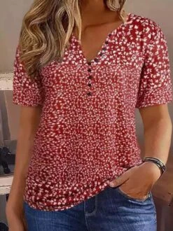 Plus Size Casual Loose Half Open Collar Disty Floral T-Shirt
