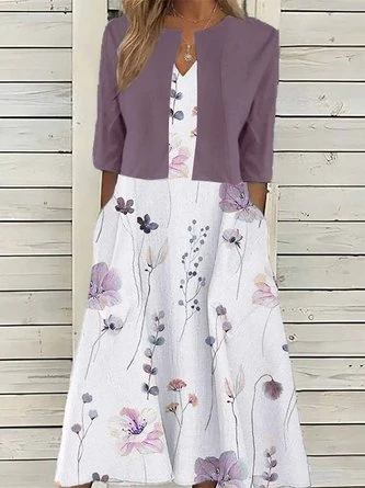 Elegant Loose Floral Printed Dress With 3/4 Sleeve Wrap Two-Piece Set 5 Elegant Loose Floral Printed Dress With 3/4 Sleeve Wrap Two-Piece Set - Image 5