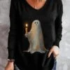 Plus Size Casual Halloween Little Ghost Loose V Neck Long Sleeve T-Shirt
