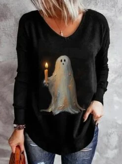Plus Size Casual Halloween Little Ghost Loose V Neck Long Sleeve T-Shirt