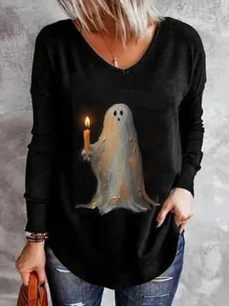 Plus Size Casual Halloween Little Ghost Loose V Neck Long Sleeve T-Shirt 1 Plus Size Casual Halloween Little Ghost Loose V Neck Long Sleeve T-Shirt