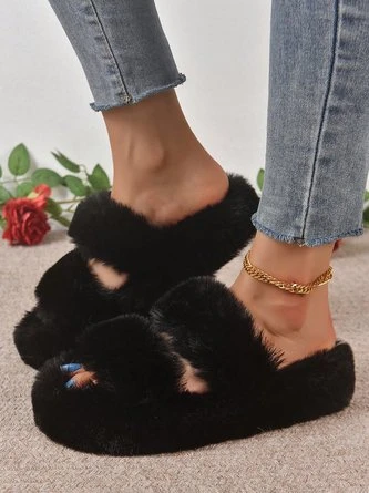 Casual Color Block Double Strap Fluffy Slippers 17 Casual Color Block Double Strap Fluffy Slippers - Image 17