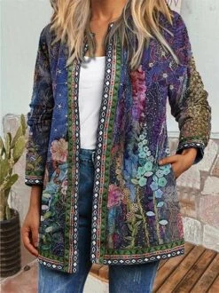Floral Print Vintage Crew Neck Jacket