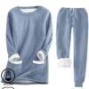 Heavyweight Fleece Crew Neck Long Sleeve Top With Pants Casual Plain Warmth Two-Piece Set
