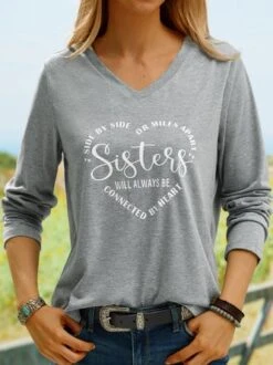 Women Sister Text Letters Regular Fit Jersey H-Line Casual V Neck Long Sleeve T-Shirt -Zolucky Sales Store bbd495ec109aaa816bf1e2431477d361