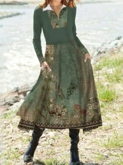 Half Open Collar Casual Ethnic Dress