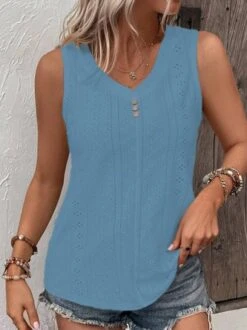 Loose V Neck Casual Buttoned Eyelet Embroidery Front Tank Top -Zolucky Sales Store bc200b7e879f143bcd8b0de3590a1aaa