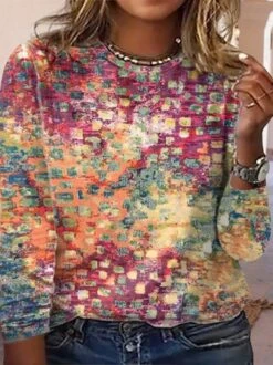 Plus Size Loose Abstract Long Sleeve Casual T-Shirt