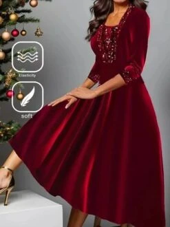 Plus Size Velvet Casual Loose Christmas Holiday A-Line Long Sleeve Maxi Dress