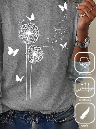 Plus Size Cotton-Blend Dandelion Crew Neck Casual T-Shirt 3 Plus Size Cotton-Blend Dandelion Crew Neck Casual T-Shirt - Image 3