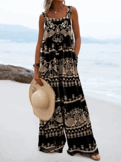 Ethnic Square Neck Loose Casual Jumpsuit