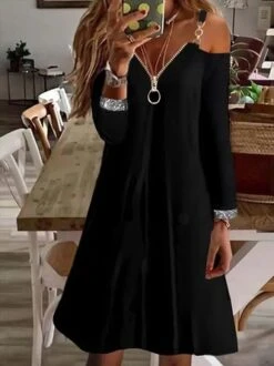 Casual Long Sleeve V Neck Tunic Dress
